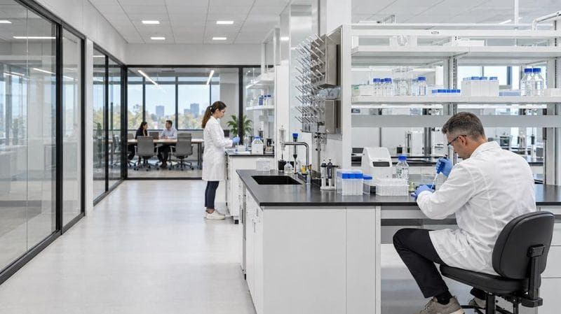 A scientist working on peptide chemistry in the laboratory
